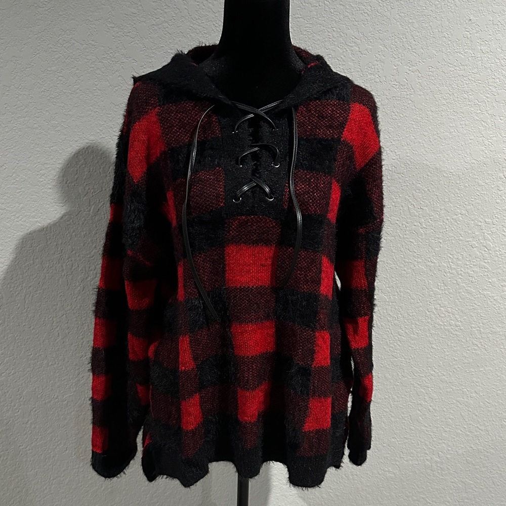 Rock & Republic Red and Black Plaid Lace-Up Sweater